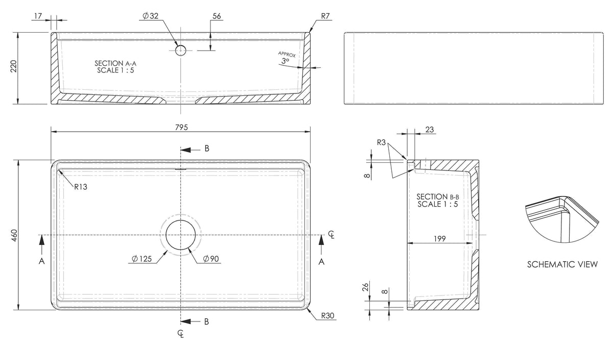 Modern Splash 795mm x 460mm x 220mm Fireclay White Single Bowl Fluted Butler Sink With Ledge, Wire Grid And Bamboo Chopping Board