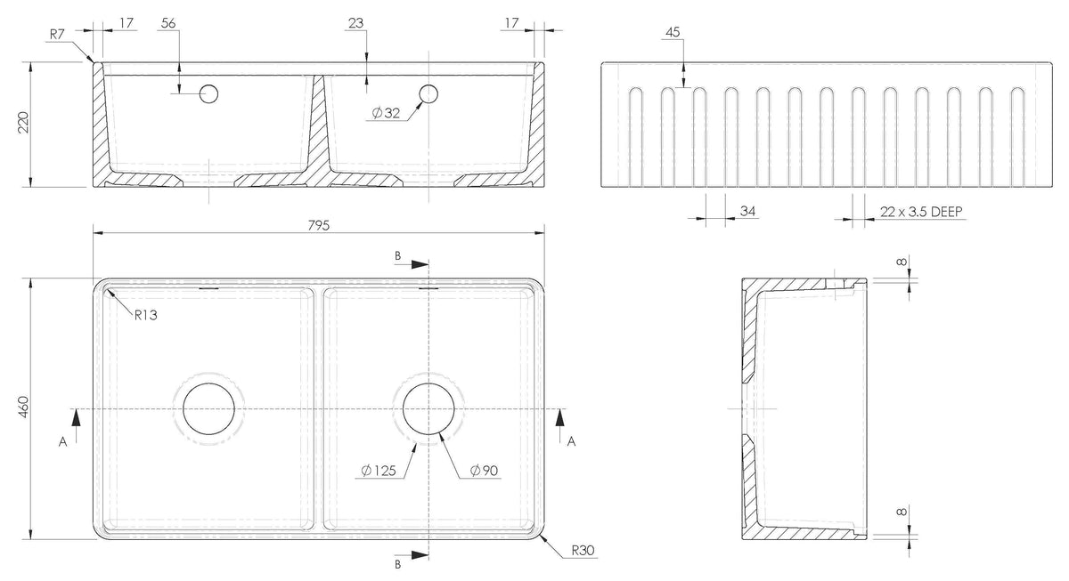 Modern Splash 795mm x 460mm x 220mm Fireclay White Double Bowl Fluted Butler Sink With Ledge, Wire Grid And Bamboo Chopping Board