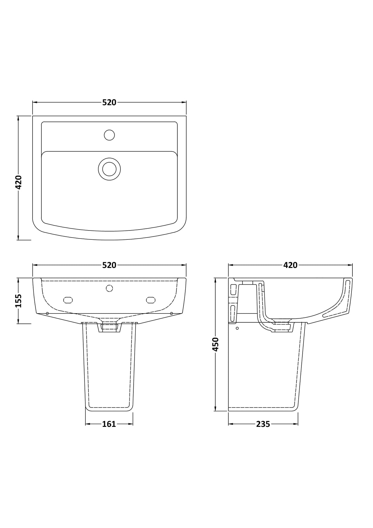 Modern Splash Bliss 1 Tap Hole 520mm Ceramic Basin & Semi Pedestal