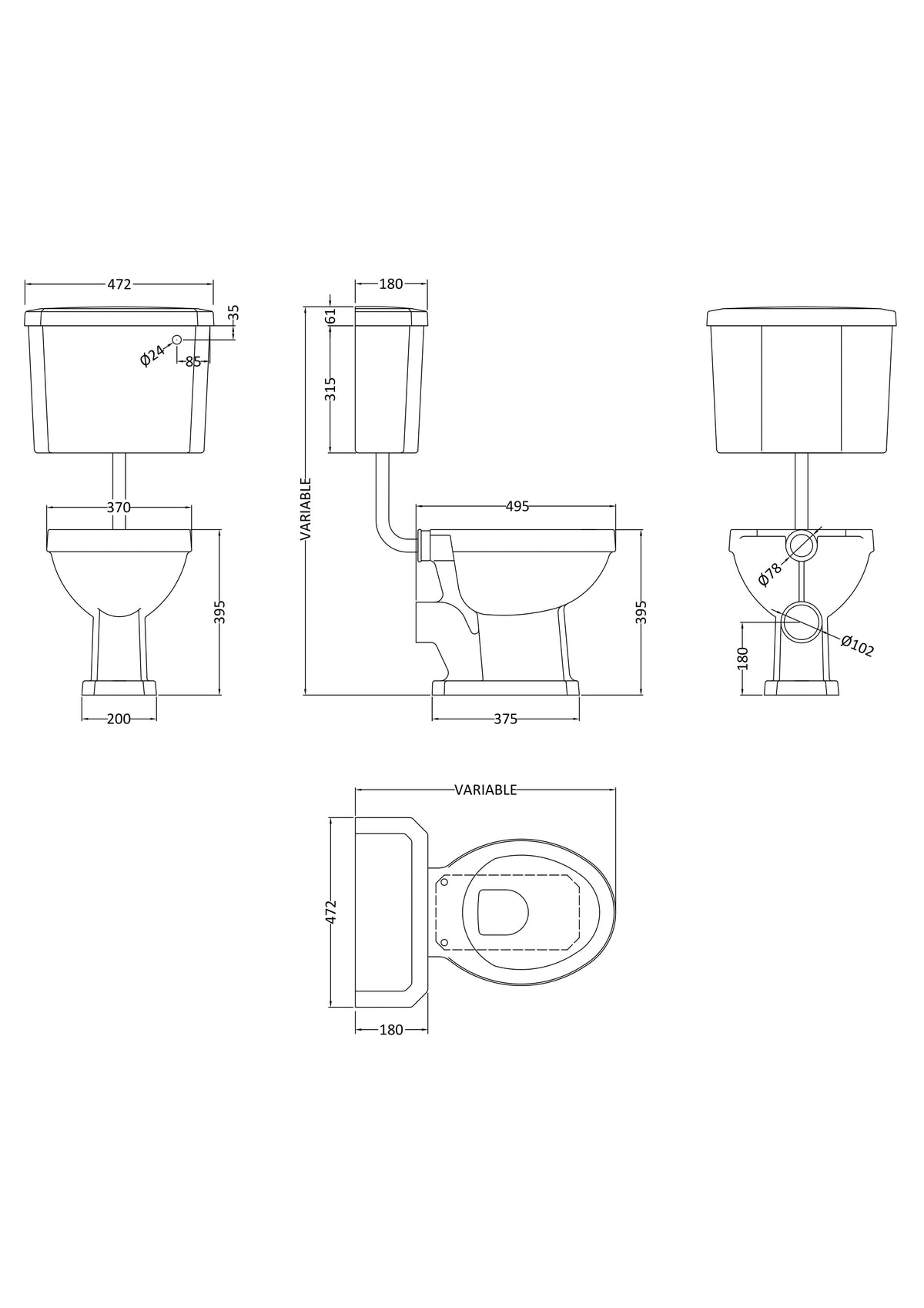 Modern Splash Traditional Low Level Toilet With Cistern & Flush Pipe