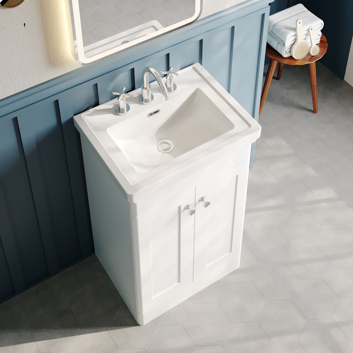 Modern Splash 500mm Satin White 2 Door Floor Standing Vanity Unit With 3 Tap Hole Basin
