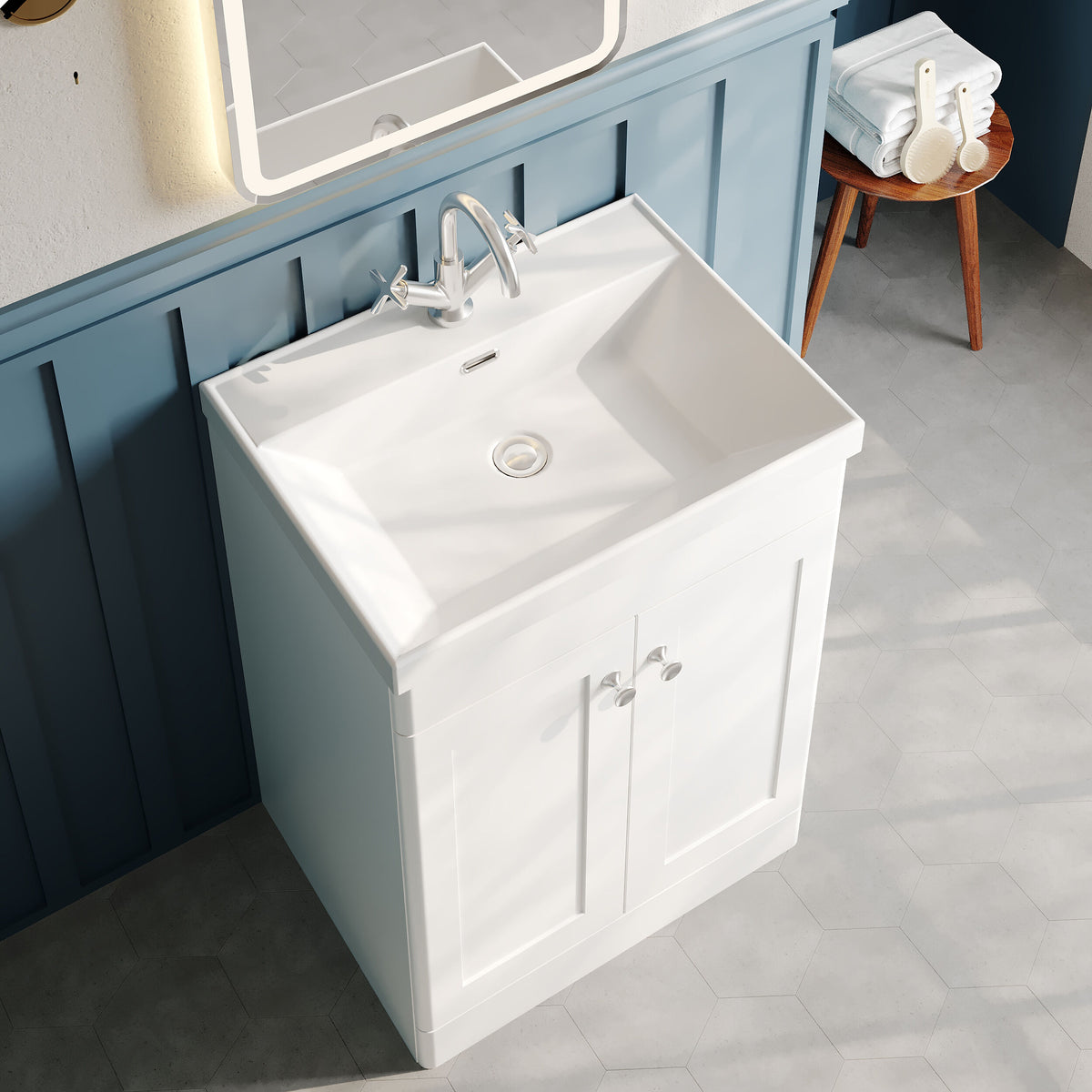 Modern Splash 600mm Satin White 2 Door Floor Standing Vanity Unit With 1 Tap Hole Thin Edge Basin