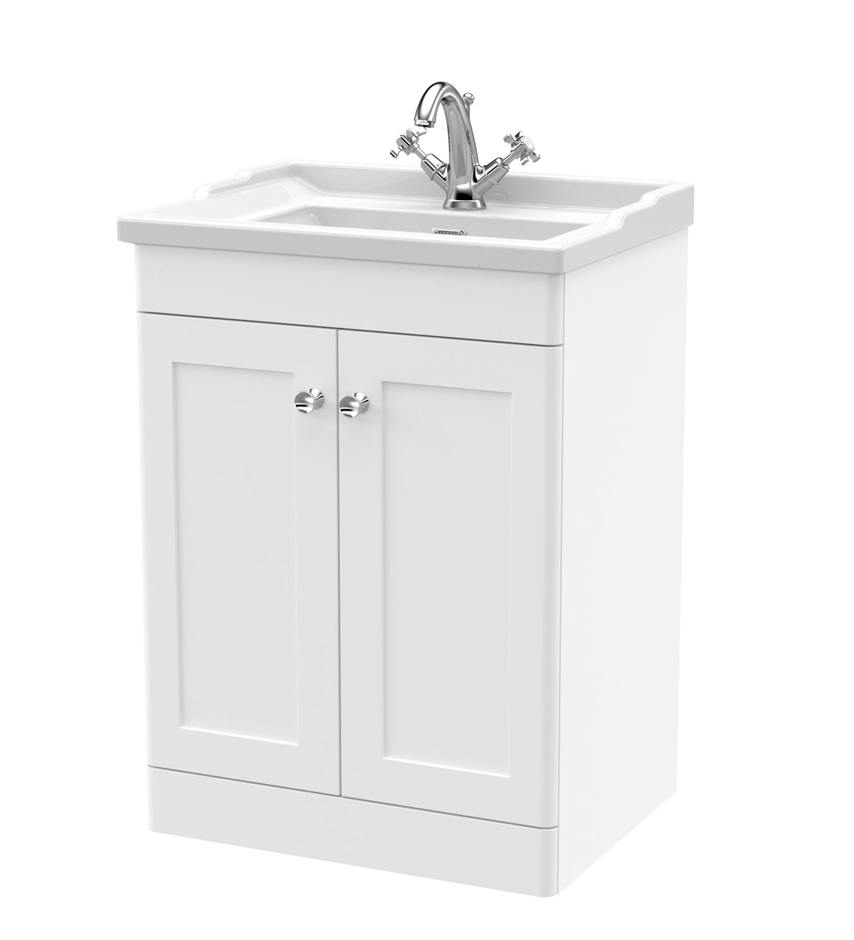 Modern Splash 600mm Satin White 2 Door Floor Standing Vanity Unit With 1 Tap Hole Basin