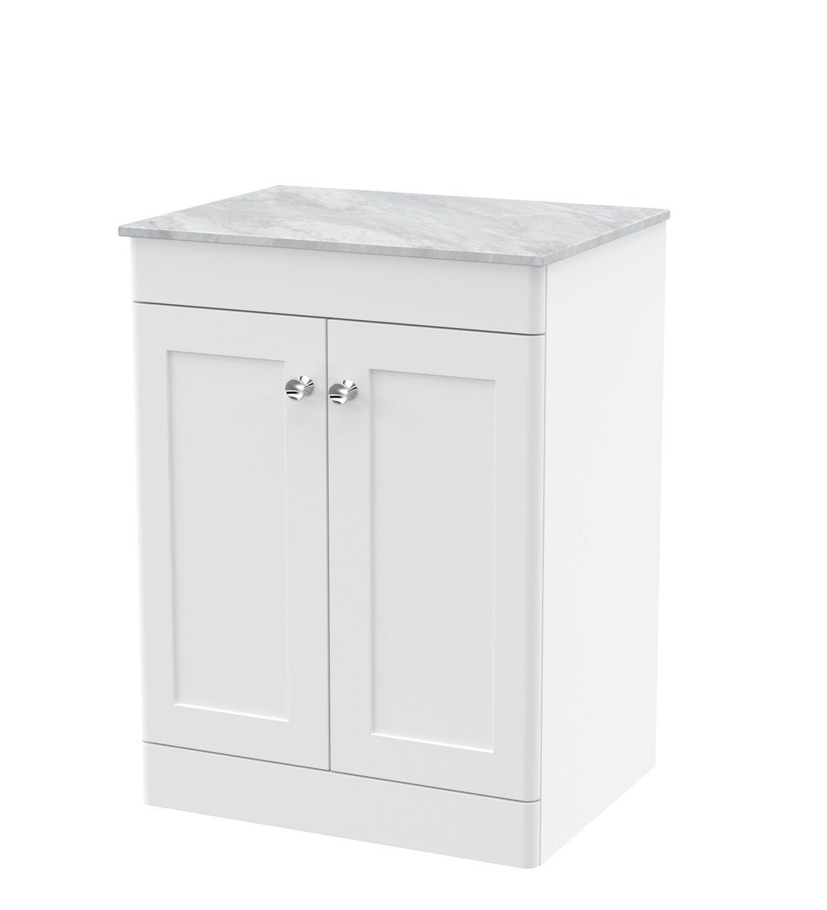 Modern Splash 610mm Satin White 2 Door Floor Standing Vanity Unit With Grey Marble Worktop
