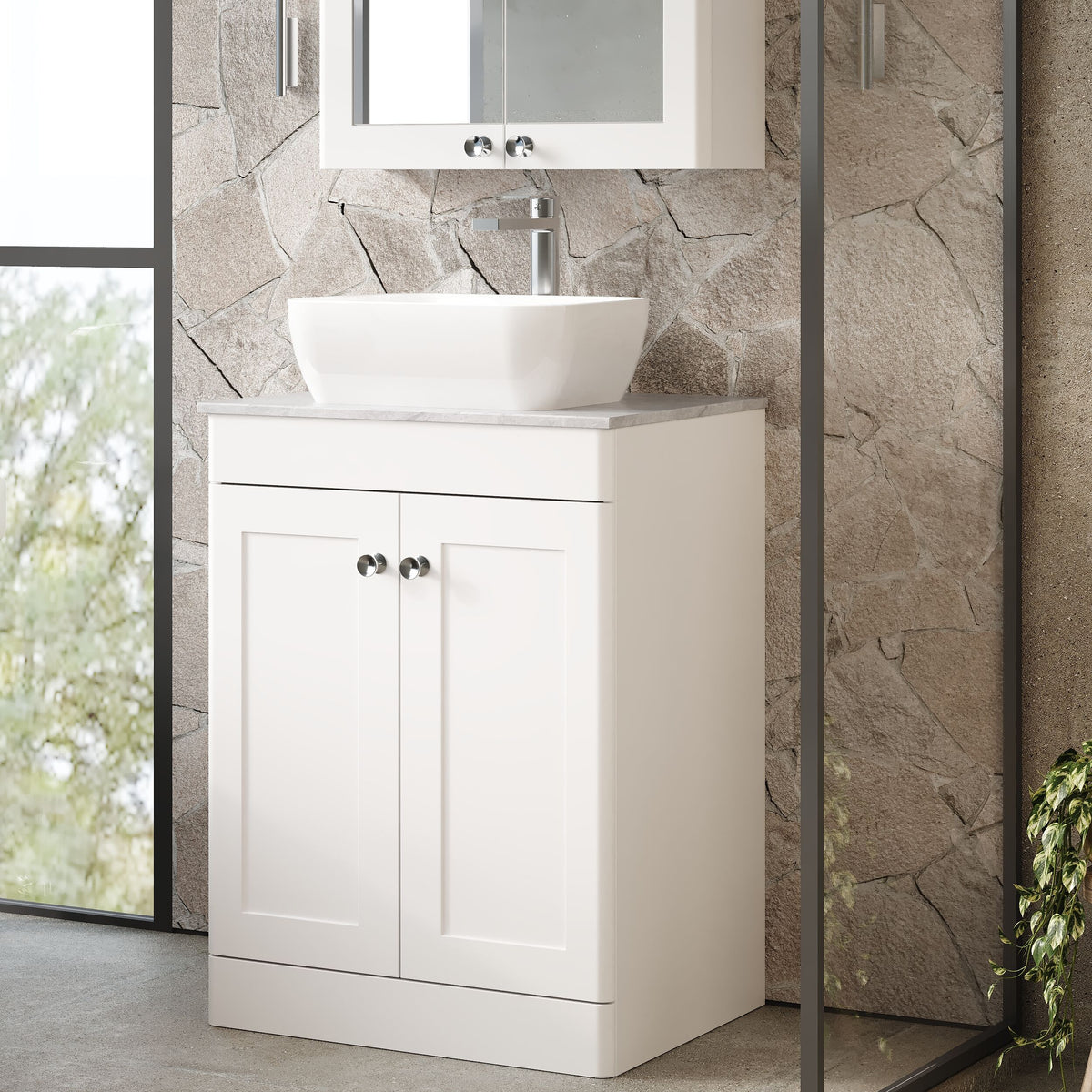 Modern Splash 610mm Satin White 2 Door Floor Standing Vanity Unit With Grey Marble Worktop