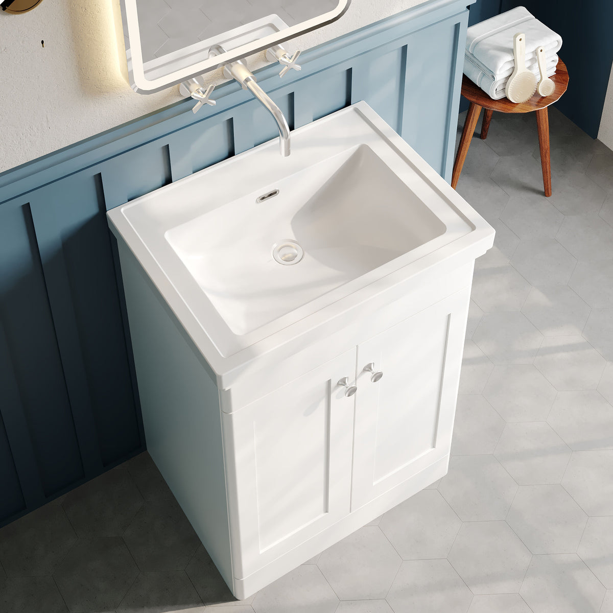 Modern Splash 600mm Satin White 2 Door Floor Standing Vanity Unit With Basin