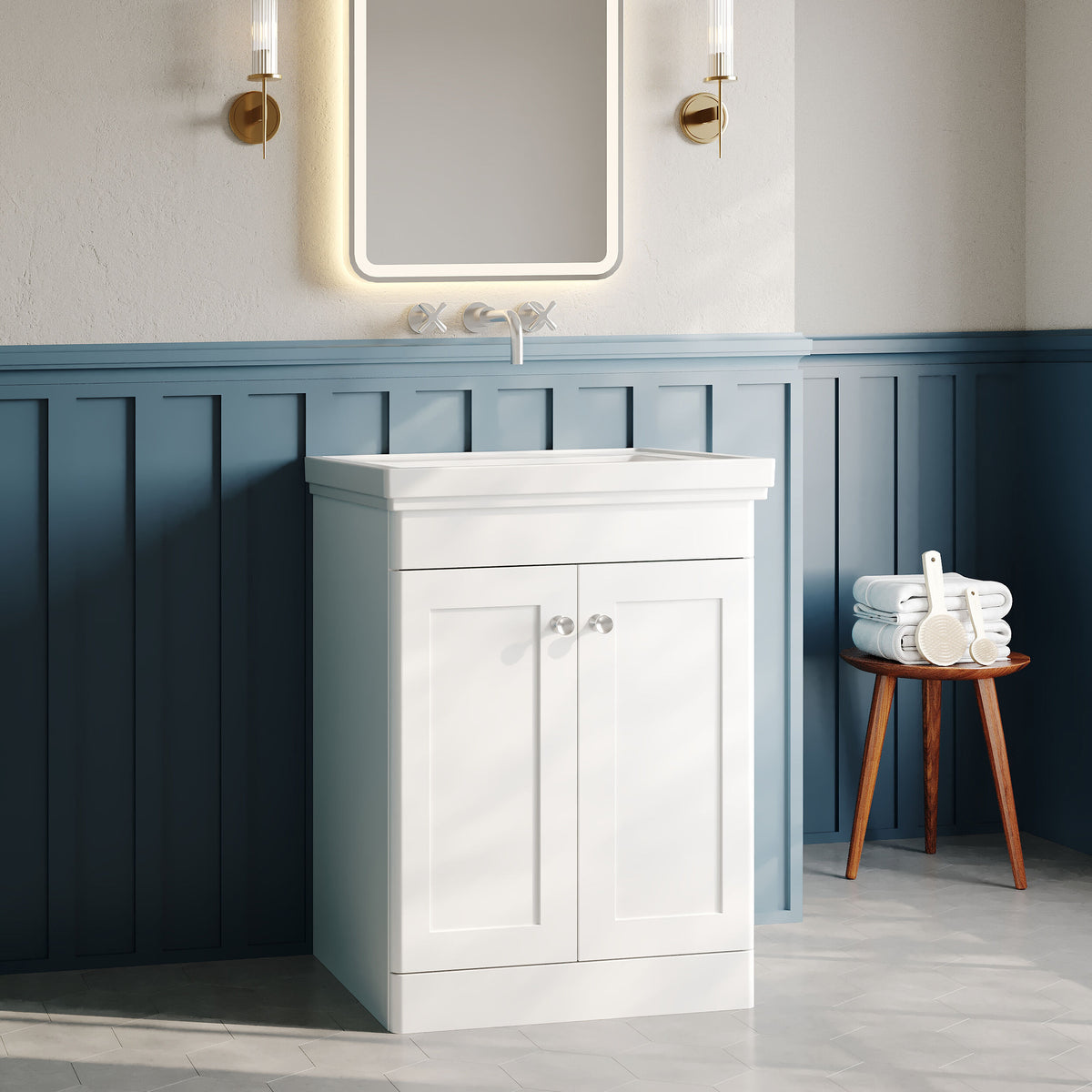 Modern Splash 600mm Satin White 2 Door Floor Standing Vanity Unit With Basin