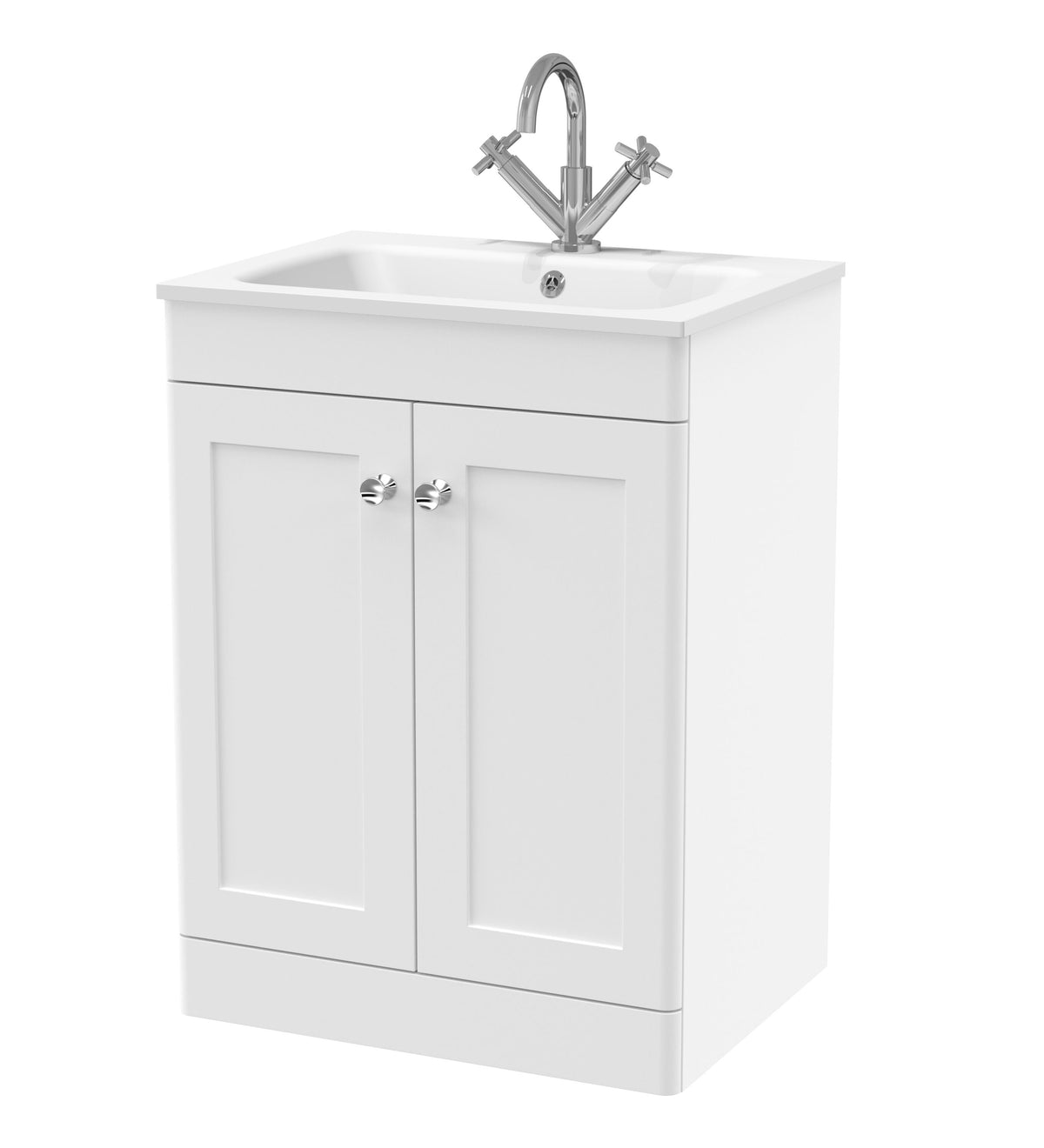 Modern Splash Classique 600mm Satin White 2 Door Floor Standing Vanity Unit With 1 Tap Hole Stone Basin