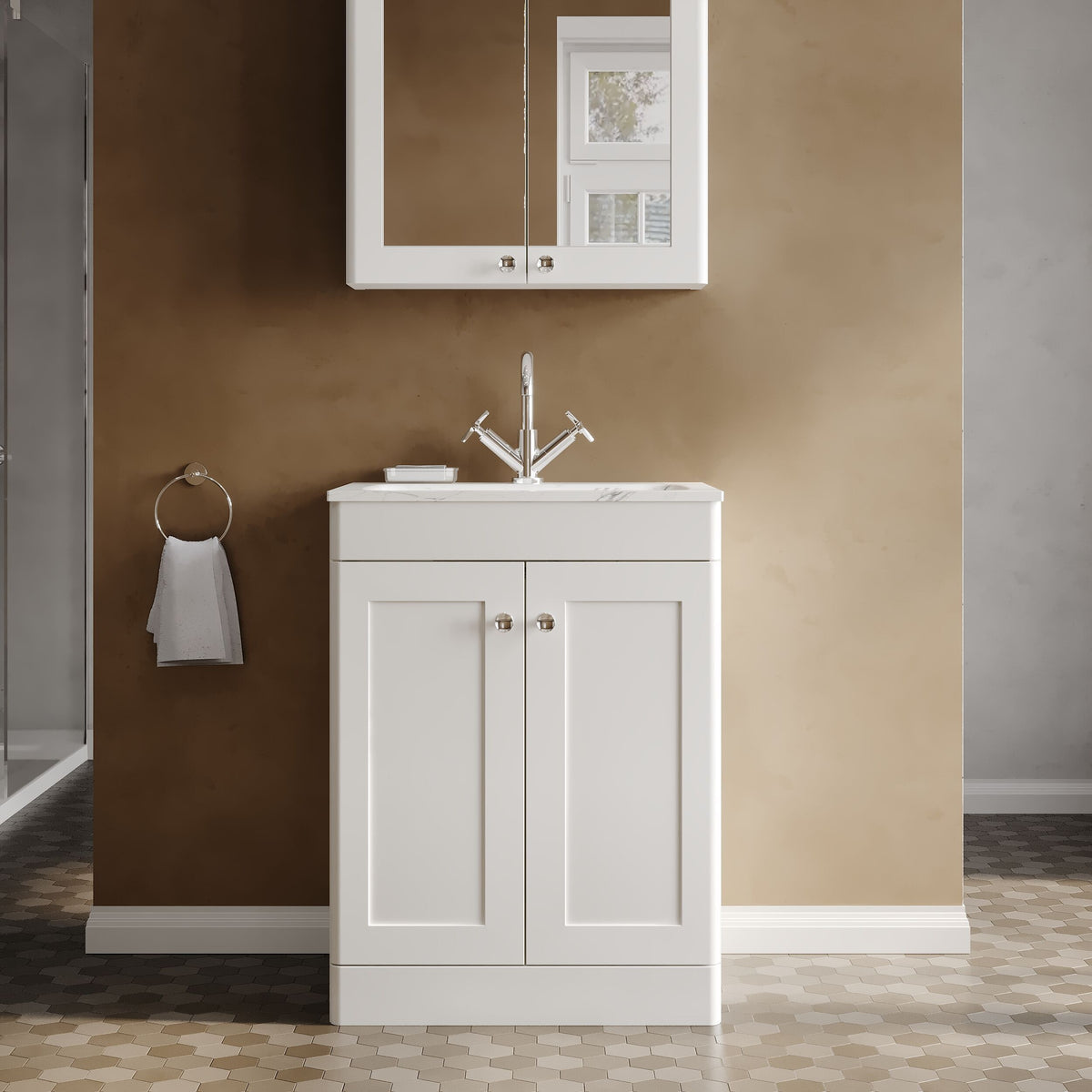 Modern Splash Traditional 600mm Satin White 2 Door Floor Standing Vanity Unit With 1 Tap Hole Stone Basin