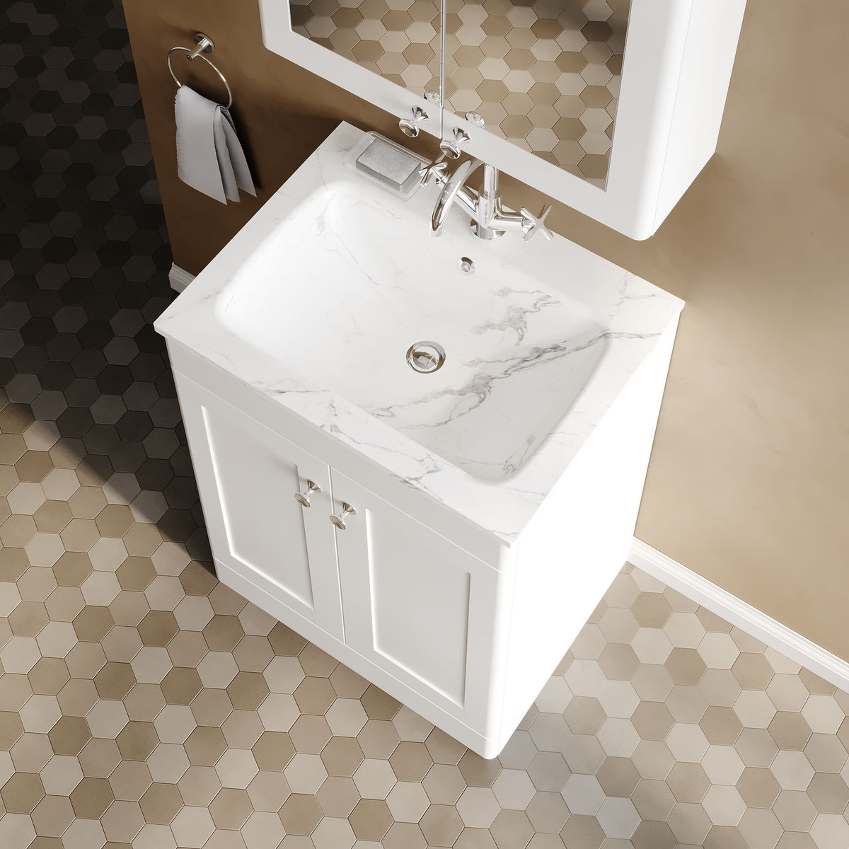 Modern Splash Traditional 600mm Satin White 2 Door Floor Standing Vanity Unit With 1 Tap Hole Stone Basin