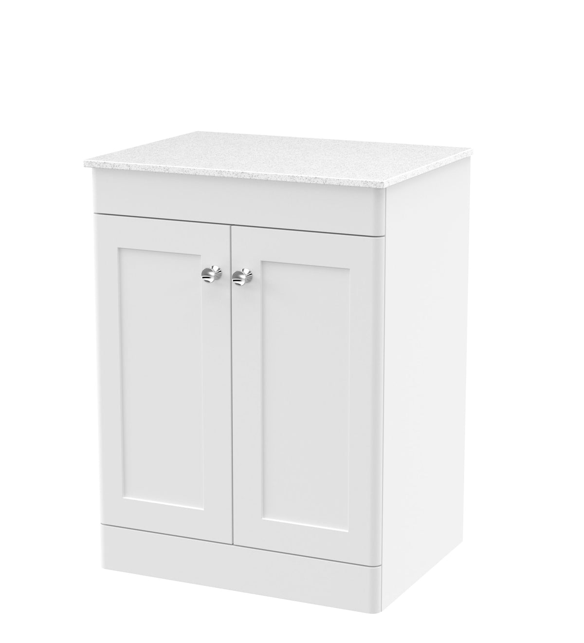 Modern Splash 600mm Satin White 2 Door Floor Standing Vanity Unit With White Marble Worktop