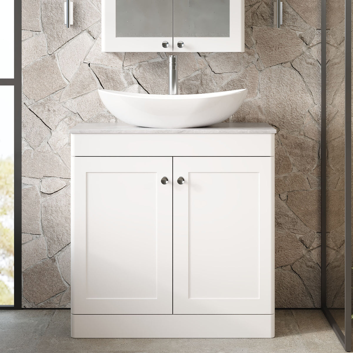Modern Splash 800mm Satin White 2 Door Floor Standing Vanity With Grey Marble Worktop