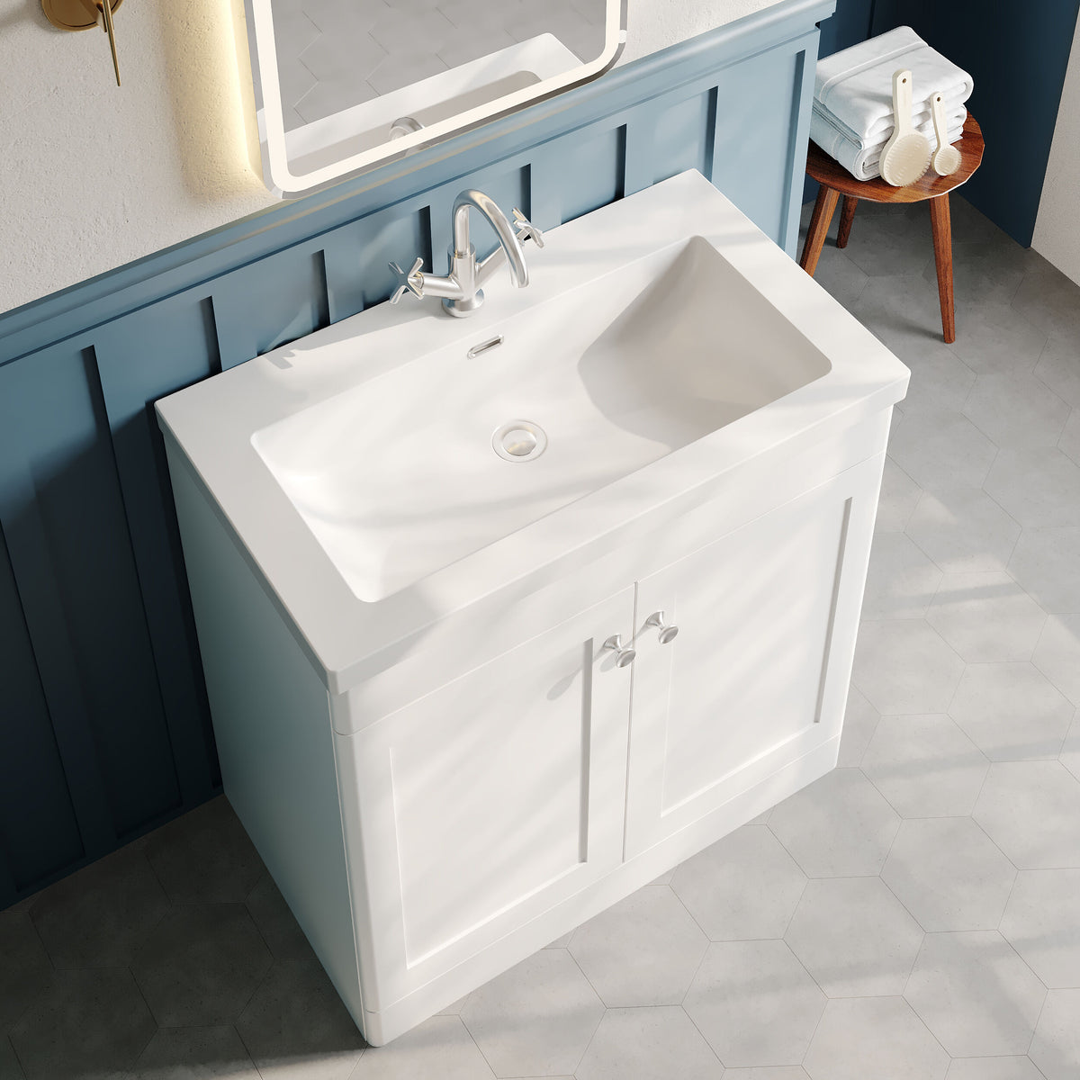 Modern Splash 800mm Satin White 2 Door Floor Standing Vanity Unit With 1 Tap Hole Fireclay Basin