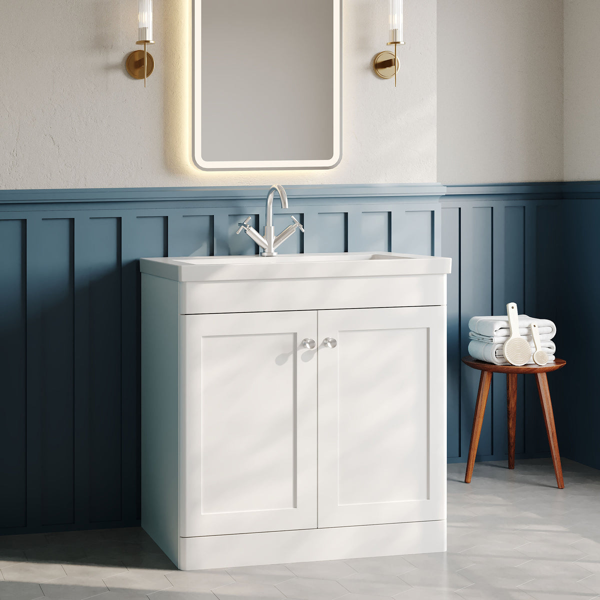 Modern Splash 800mm Satin White 2 Door Floor Standing Vanity Unit With 1 Tap Hole Fireclay Basin
