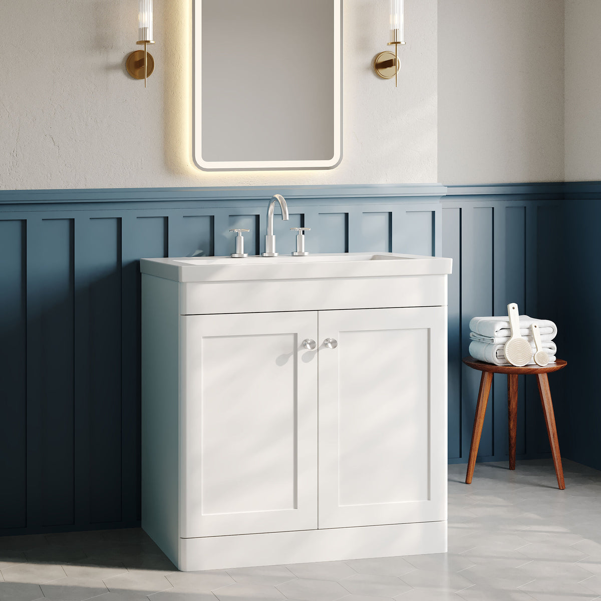 Modern Splash 800mm Satin White 2 Door Floor Standing Vanity Unit With 3 Tap Hole Fireclay Basin