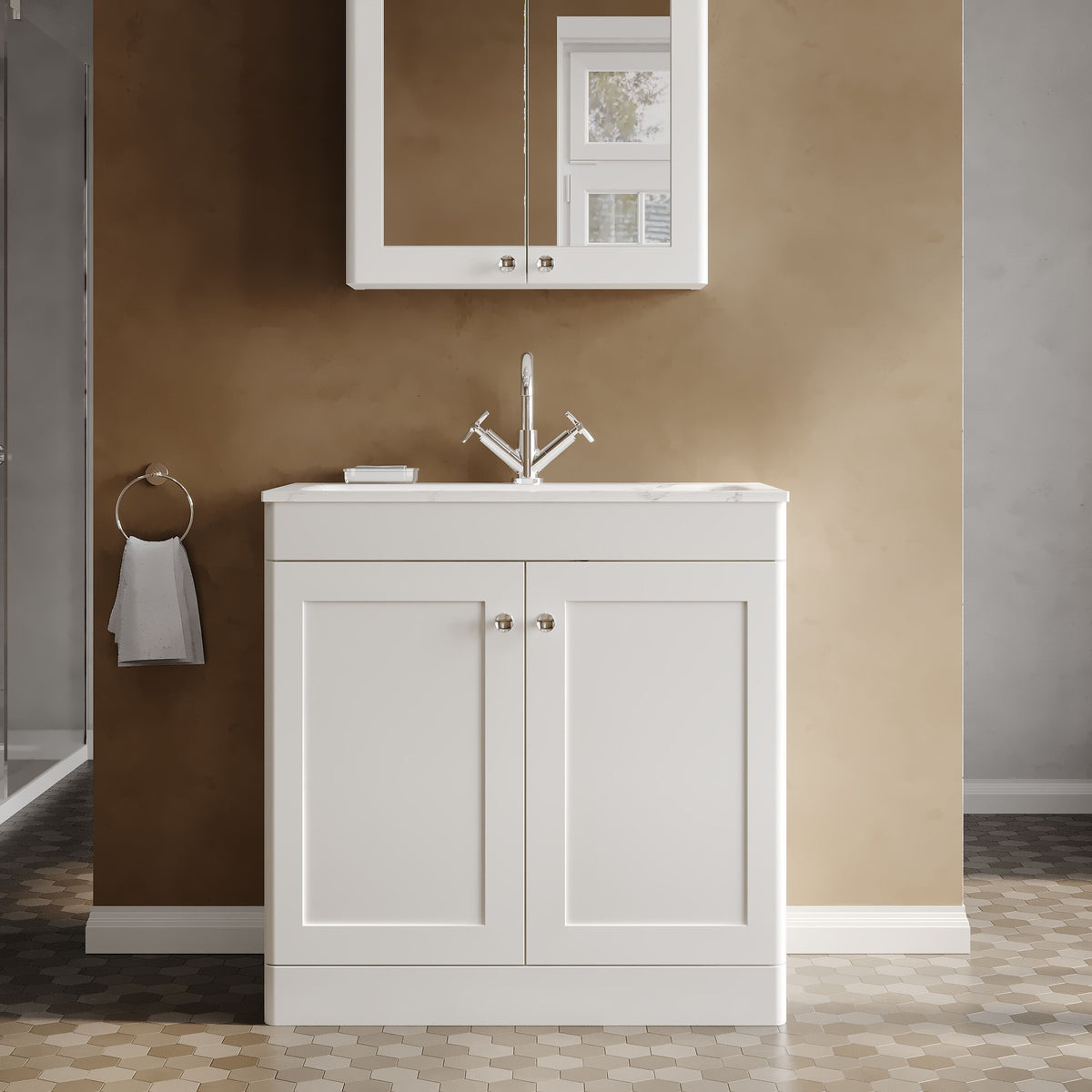Modern Splash Combined clean 800mm Satin White 2 Door traditional Floor Standing Vanity Unit With 1 Tap Hole Stone Basin