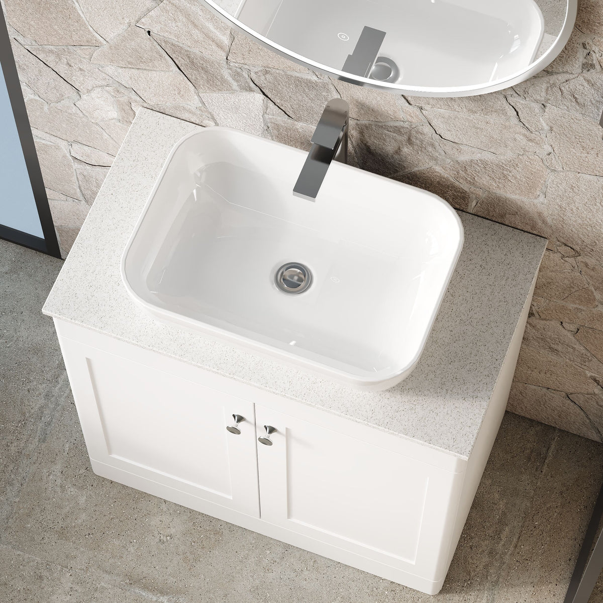 Modern Splash 810mm Satin White 2 Door Floor Standing Vanity Unit With White Marble Worktop