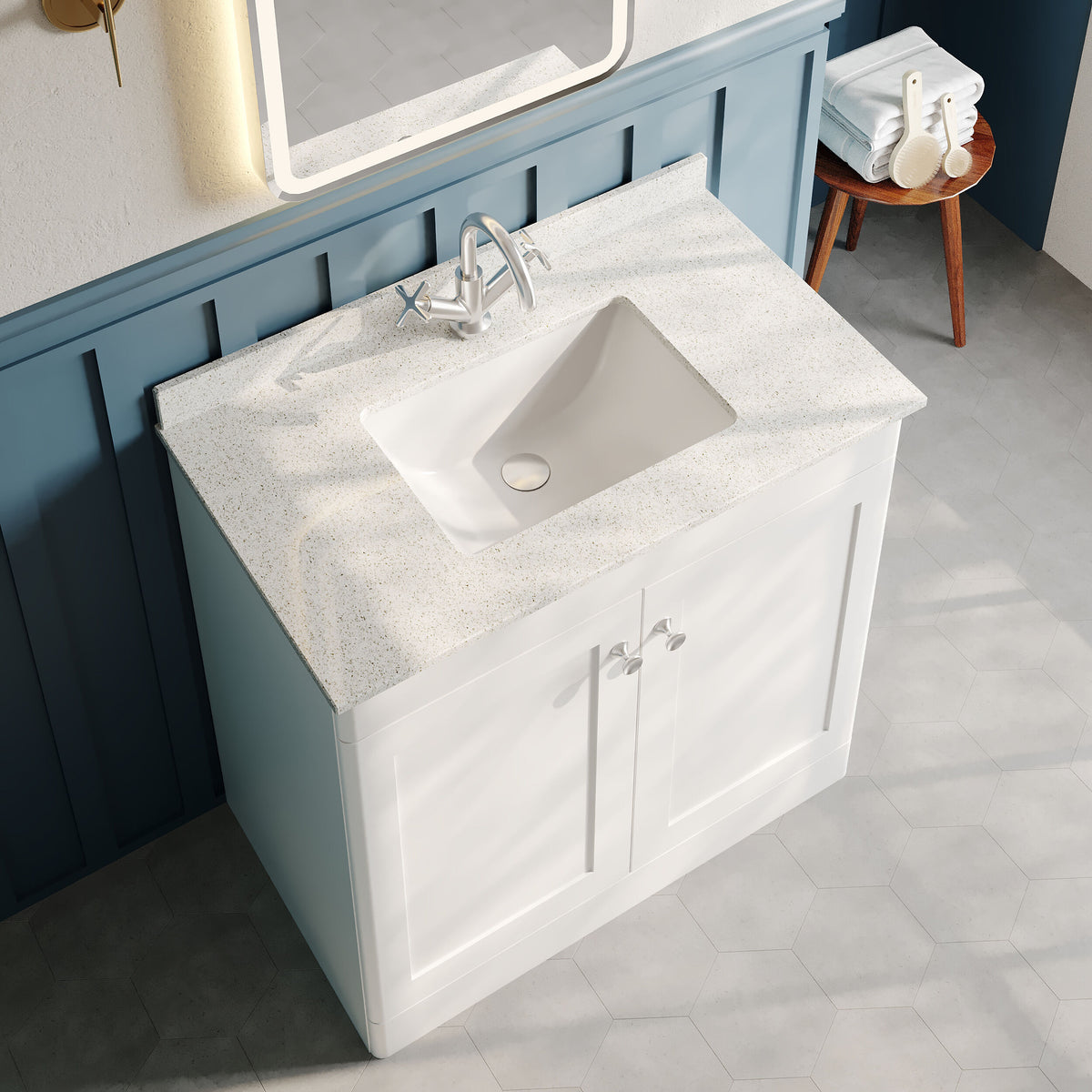 Modern Splash 800mm Satin White 2 Door Floor Standing Vanity Unit With 1 Tap Hole Marble Basin