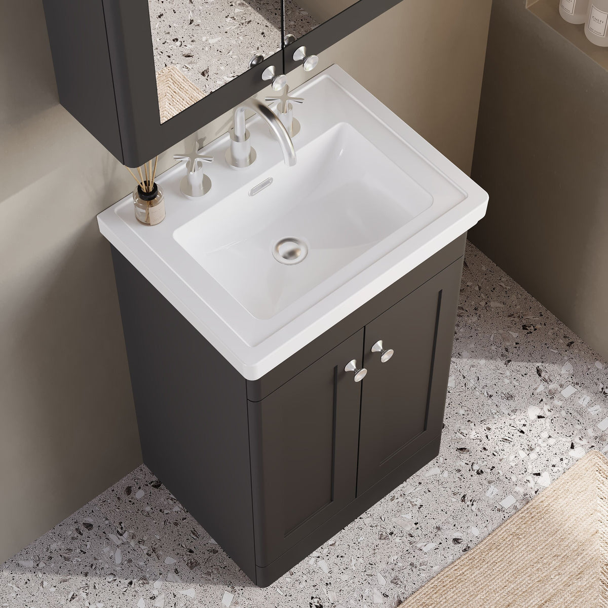 Modern Splash 500mm Soft Black 2 Door Floor Standing Vanity Unit With 3 Tap Hole Basin
