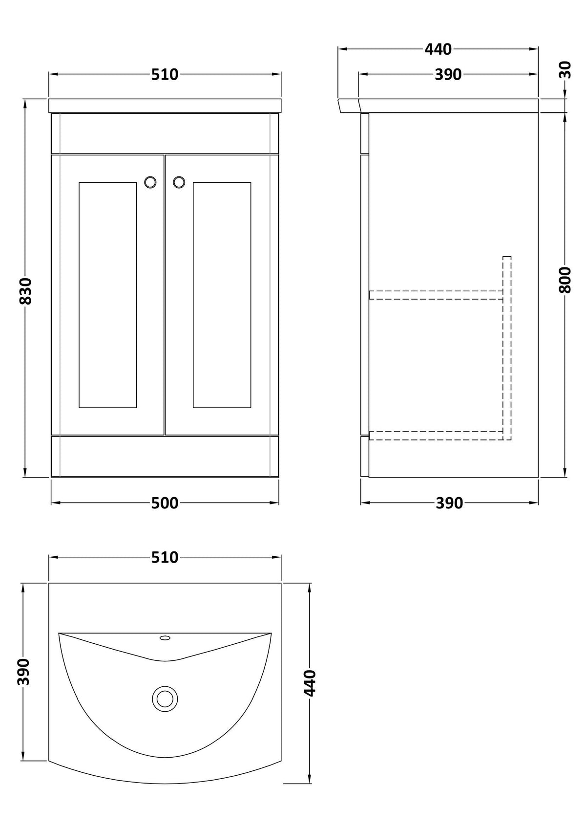 Modern Splash Classique Traditional 500mm Soft Black 2 Door Floor Standing Vanity Unit With Basin