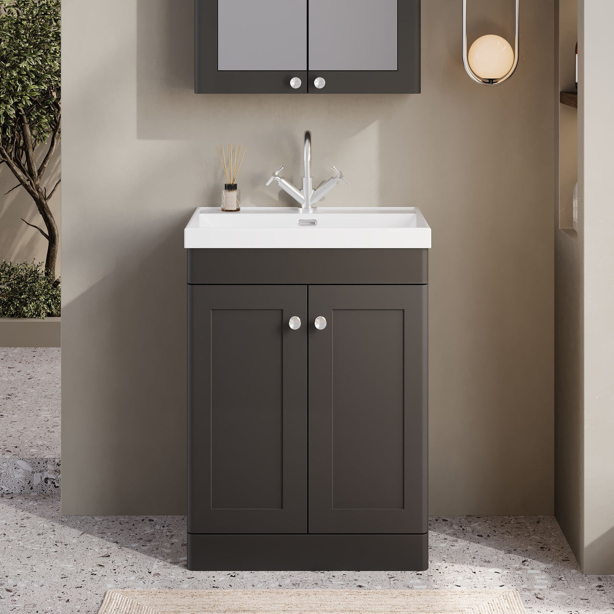 Modern Splash 600mm Soft Black 2 Door Floor Standing Vanity Unit With 1 Tap Hole Thin Edge Basin