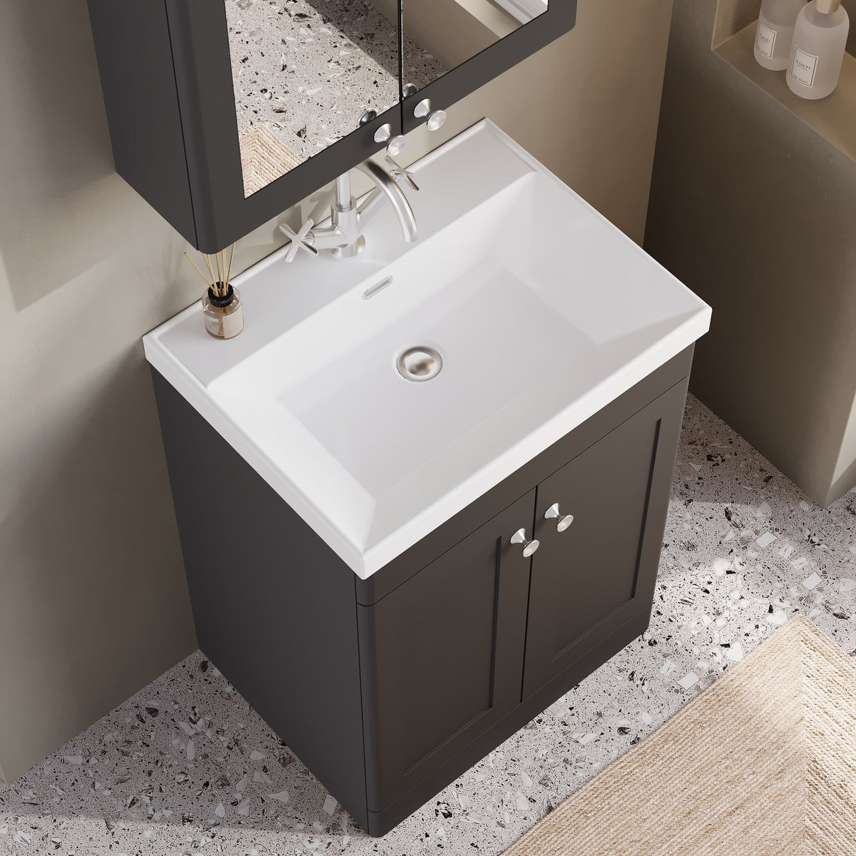 Modern Splash 600mm Soft Black 2 Door Floor Standing Vanity Unit With 1 Tap Hole Thin Edge Basin