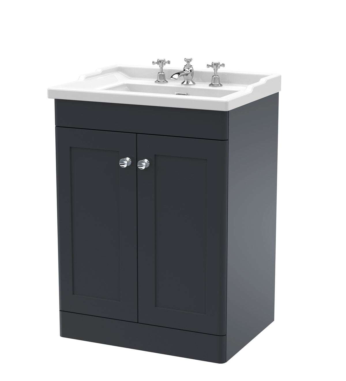 Modern Splash 600mm Soft Black 2 Door Floor Standing Vanity Unit With 3 Tap Hole Basin