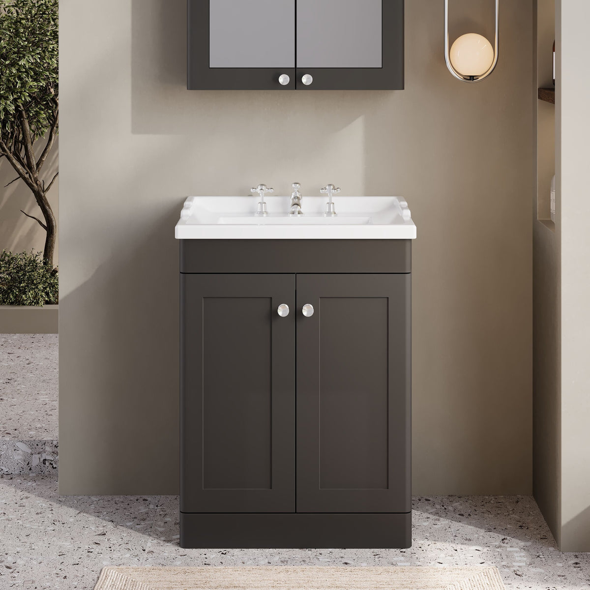 Modern Splash 600mm Soft Black 2 Door Floor Standing Vanity Unit With 3 Tap Hole Basin