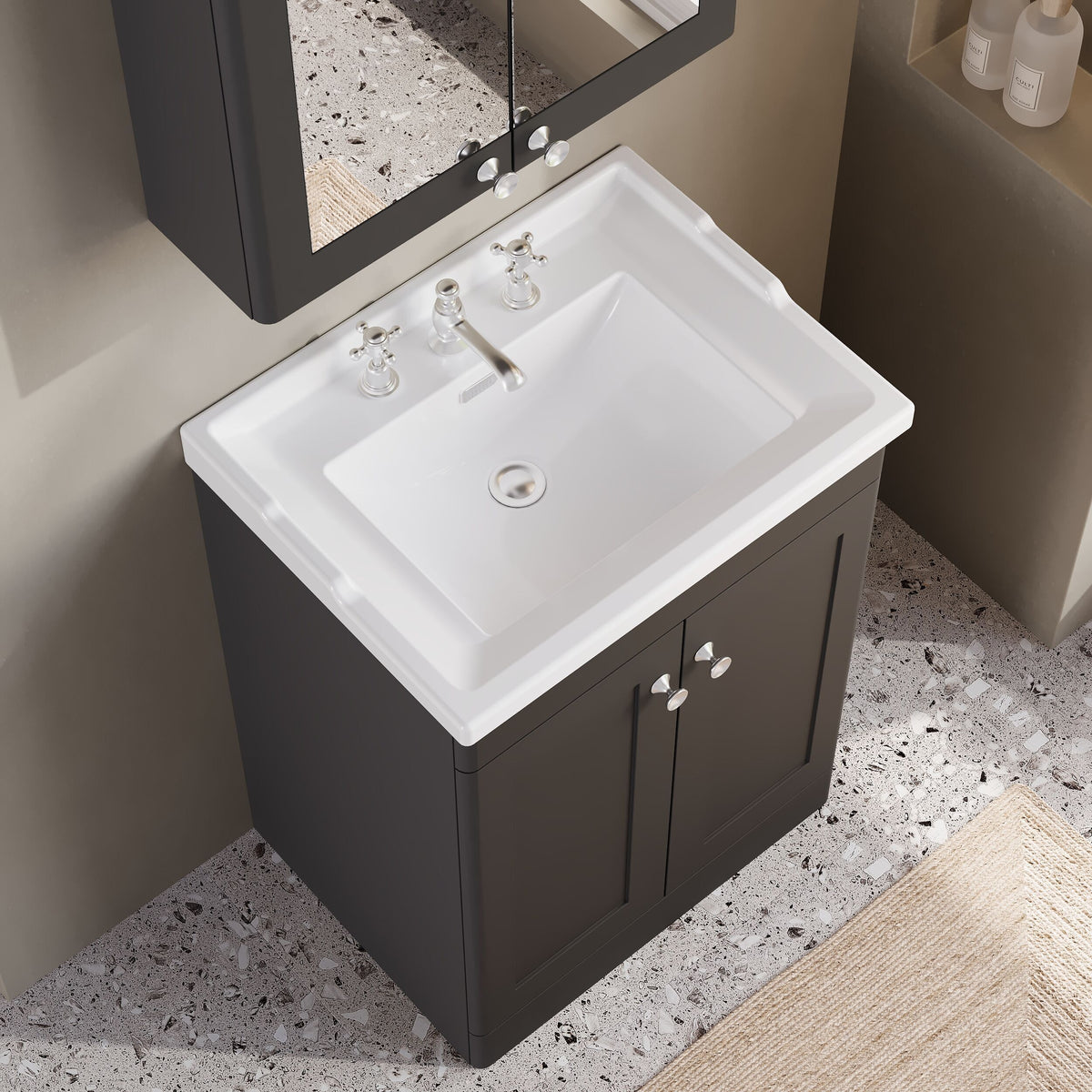 Modern Splash 600mm Soft Black 2 Door Floor Standing Vanity Unit With 3 Tap Hole Basin