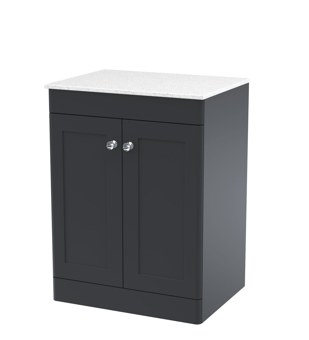 Modern Splash 600mm Soft Black 2 Door Floor Standing Vanity Unit With White Marble Worktop