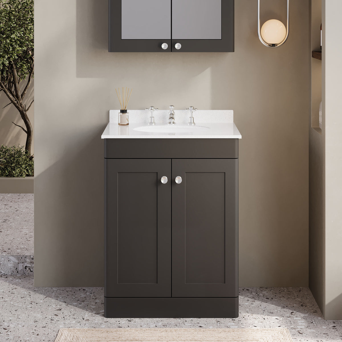 Modern Splash 600mm Soft Black 2 Door Floor Standing Vanity Unit With 3 Tap Hole Marble Basin