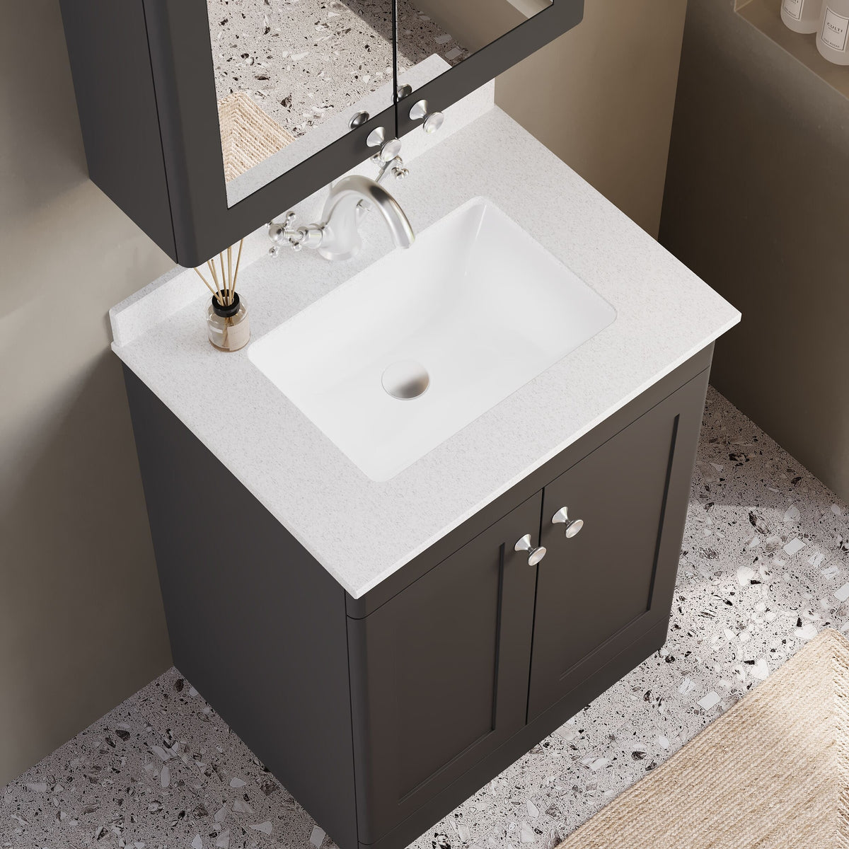 Modern Splash 600mm Soft Black 2 Door Floor Standing Vanity Unit With 1 Tap Hole Marble Basin