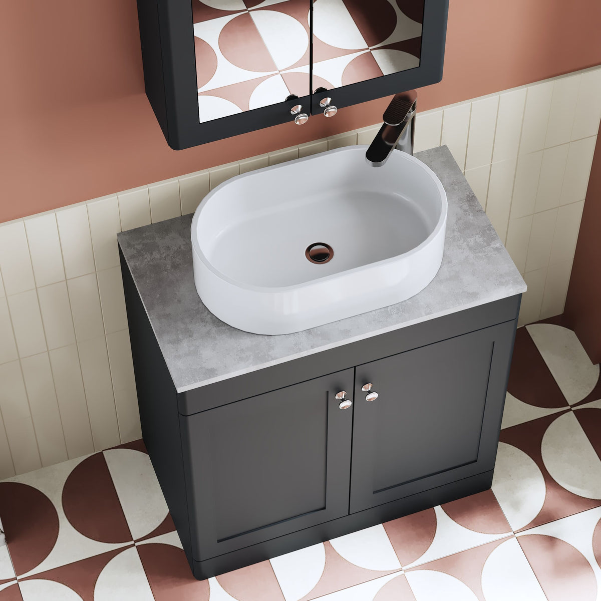 Modern Splash 800mm Soft Black 2 Door Floor Standing Soft Black Vanity Unit With Grey Marble Worktop