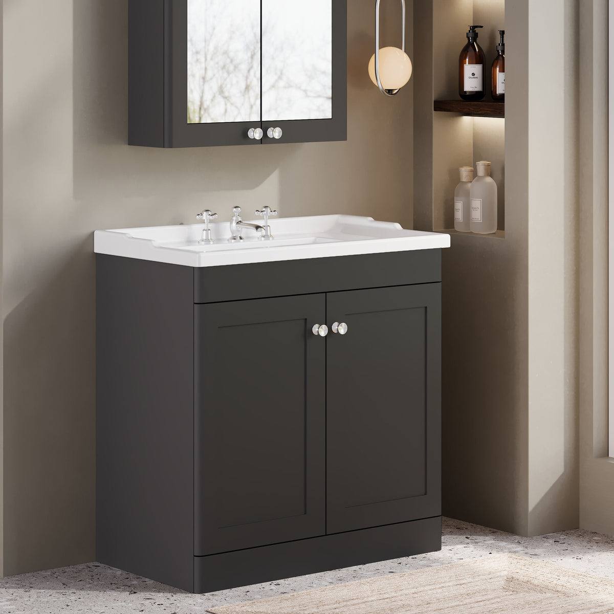 Modern Splash 800mm Soft Black 2 Door Floor Standing Vanity Unit With 3 Tap Hole Basin