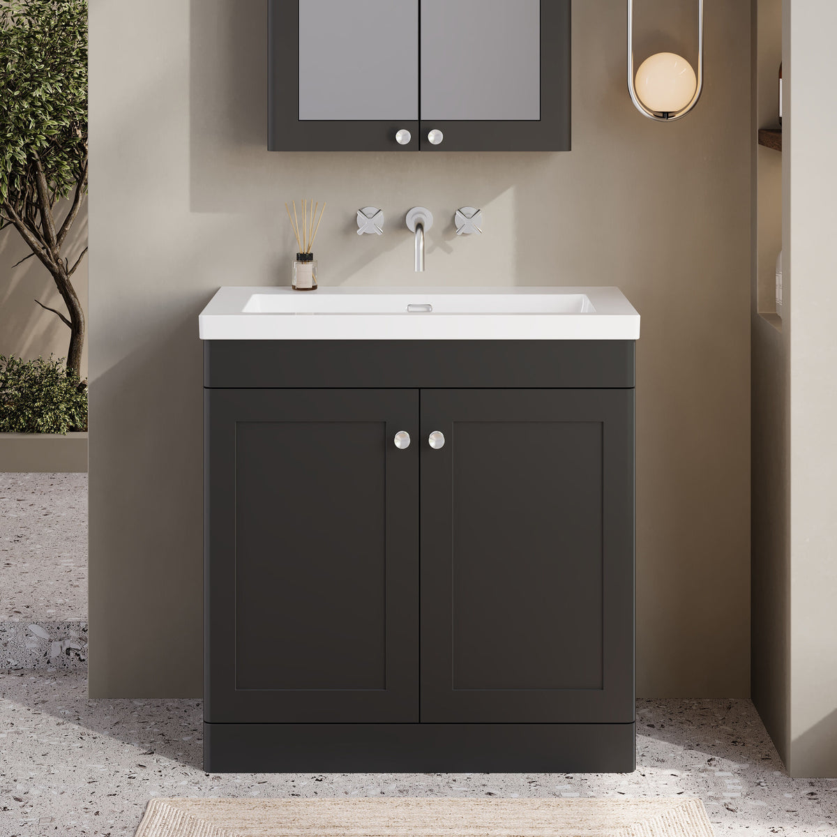 Modern Splash 800mm Soft Black 2 Door Floor Standing Vanity Unit With Fireclay Basin
