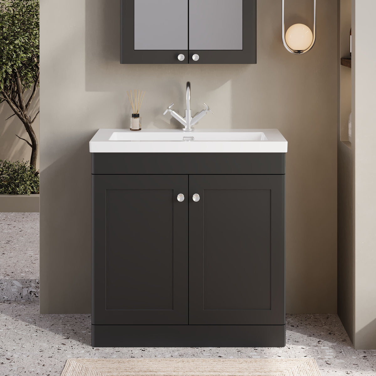 Modern Splash 800mm Soft Black 2 Door Floor Standing Vanity Unit With 1 Tap Hole Fireclay Basin