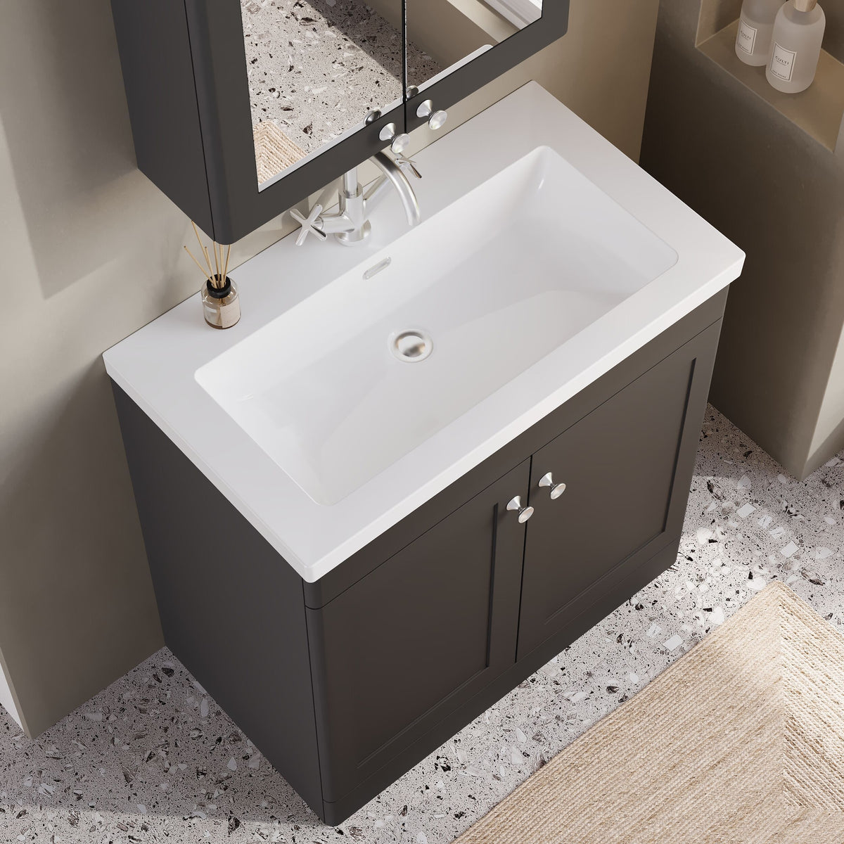 Modern Splash 800mm Soft Black 2 Door Floor Standing Vanity Unit With 1 Tap Hole Fireclay Basin