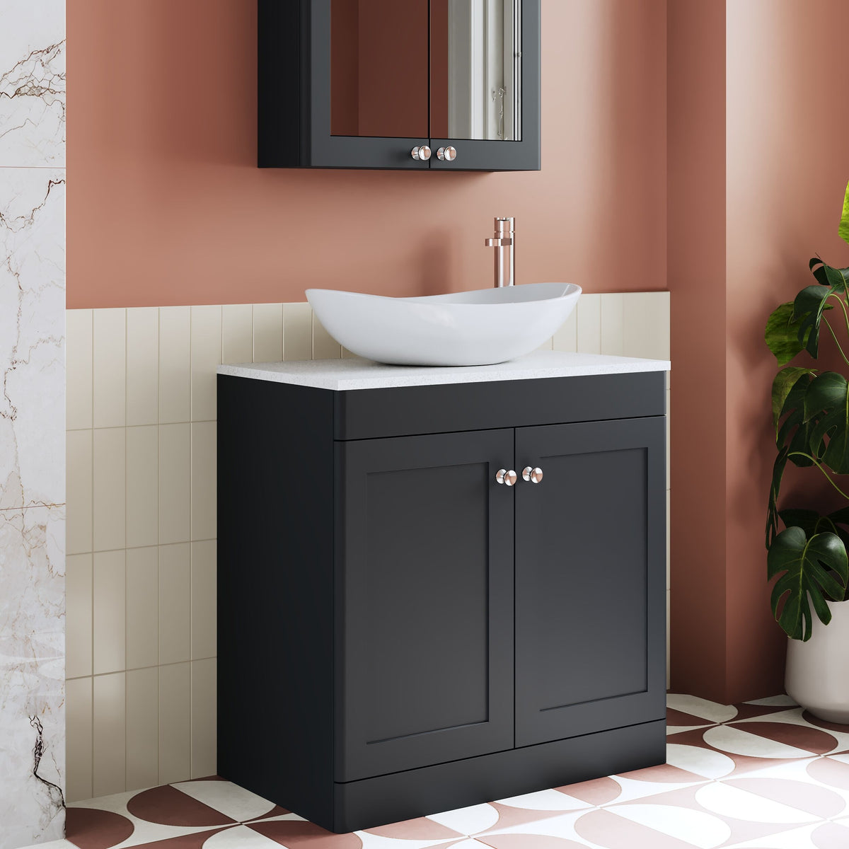 Modern Splash 800mm Soft Black 2 Door Floor Standing Vanity With White Marble Worktop