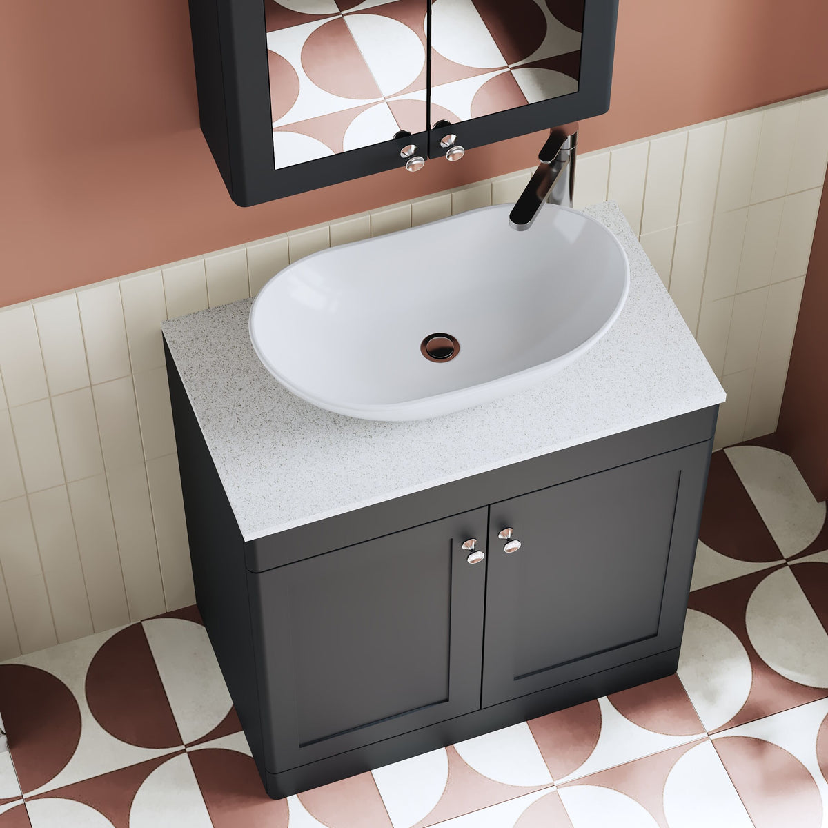 Modern Splash 800mm Soft Black 2 Door Floor Standing Vanity With White Marble Worktop
