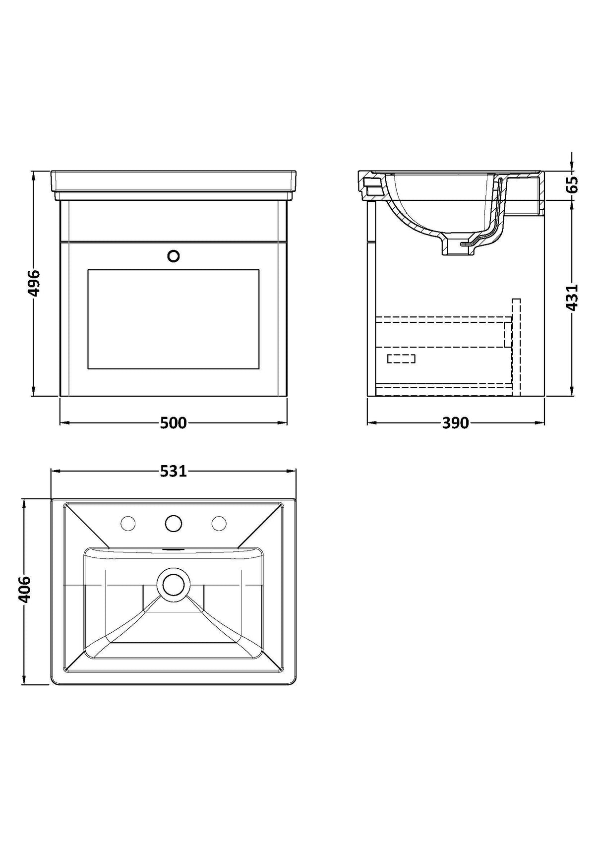 Modern Splash 500mm Soft Black 1 Drawer Wall Hung Vanity Unit With 3 Tap Hole Basin