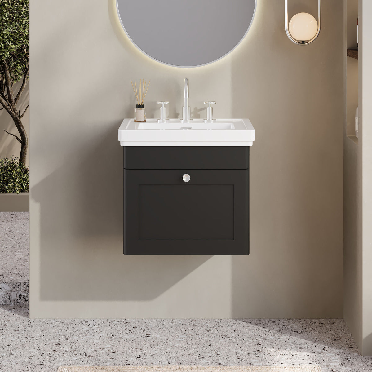 Modern Splash 500mm Soft Black 1 Drawer Wall Hung Vanity Unit With 3 Tap Hole Basin