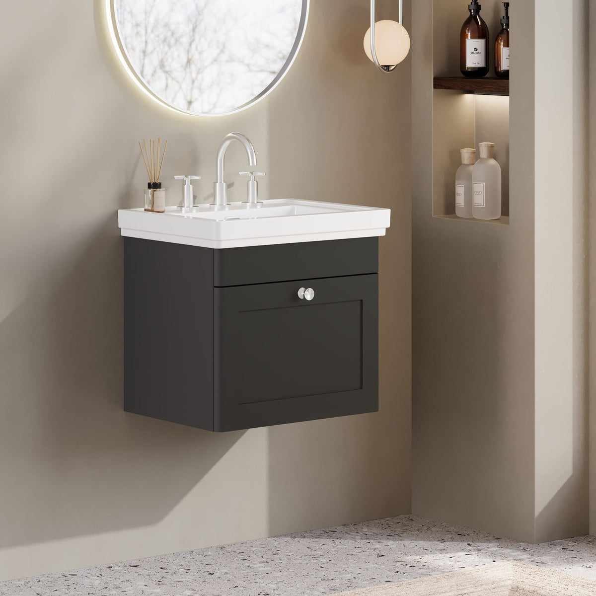 Modern Splash 500mm Soft Black 1 Drawer Wall Hung Vanity Unit With 3 Tap Hole Basin