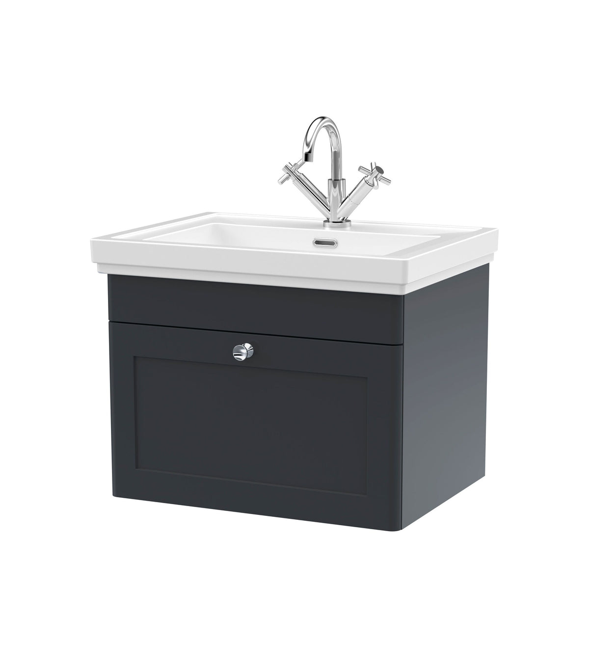 Modern Splash 600mm Soft Black 1 Drawer Wall Hung Vanity Unit With 1 Tap Hole Basin With Ceramic Basin