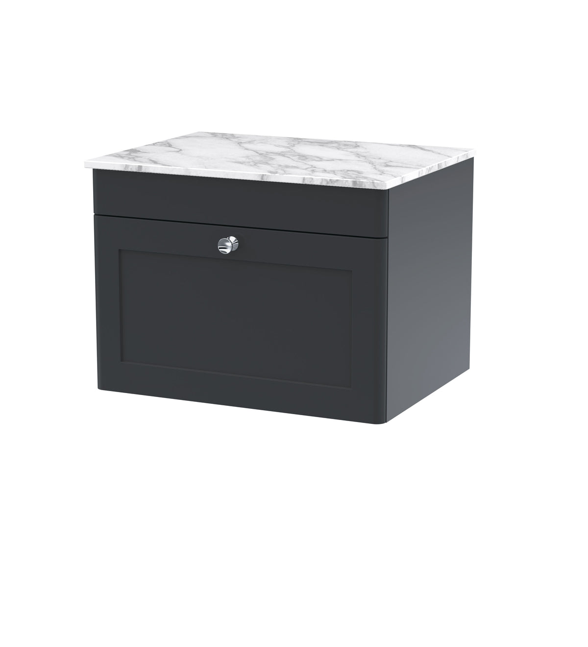 Modern Splash 600mm Soft Black 1 Drawer Wall Hung Soft Black Vanity Unit With Carrara Marble Worktop