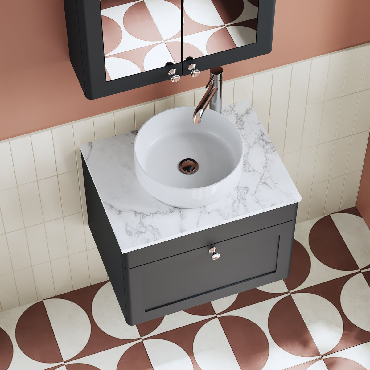 Modern Splash 600mm Soft Black 1 Drawer Wall Hung Soft Black Vanity Unit With Carrara Marble Worktop