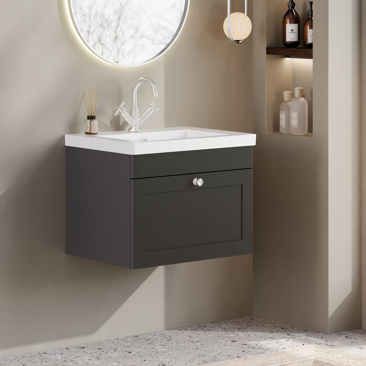 Modern Splash 600mm Soft Black 1 Drawer Wall Hung Vanity Unit With 1 Tap Hole Thin Edge Basin