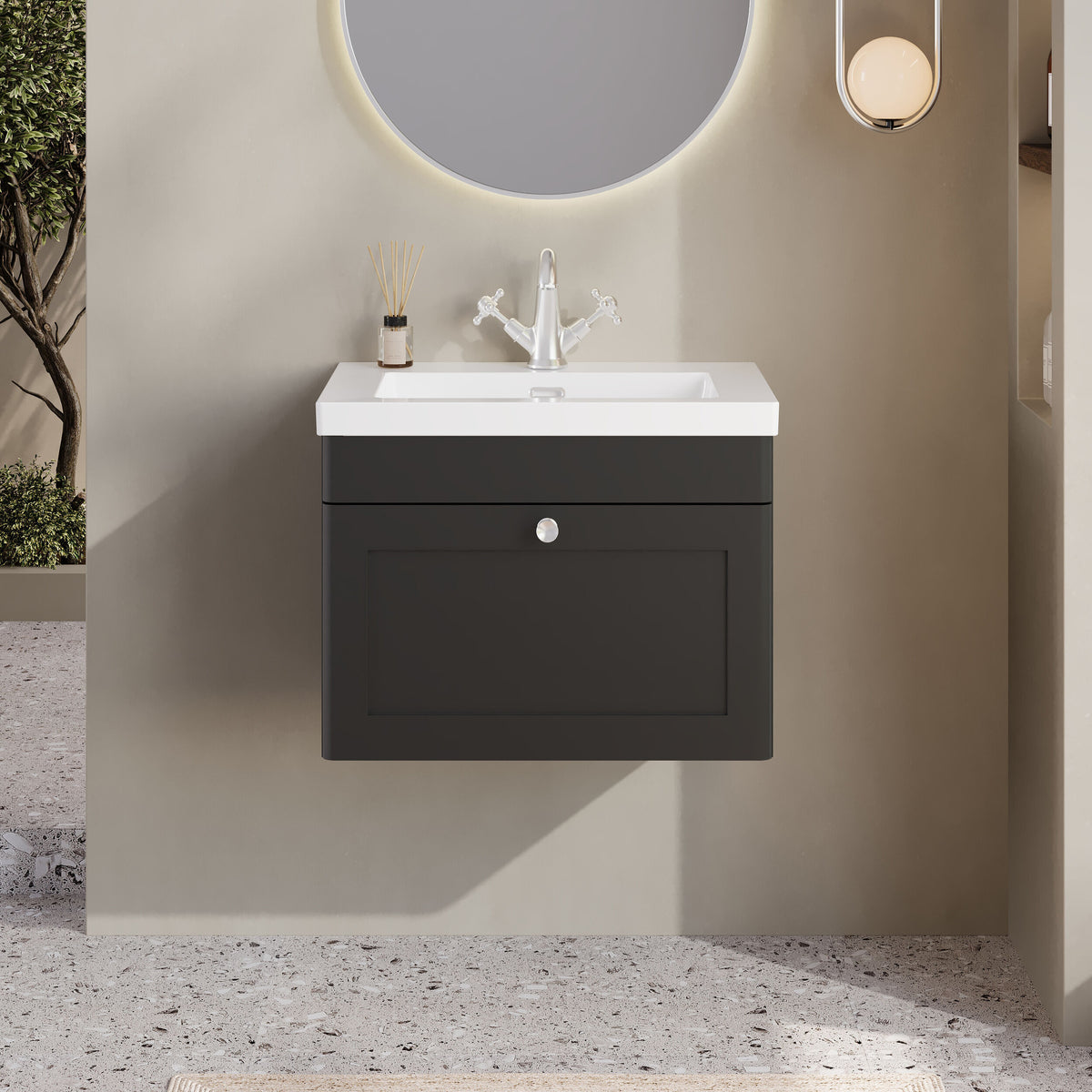 Modern Splash 600mm Soft Black 1 Drawer Wall Hung Vanity Unit With 1 Tap Hole Basin