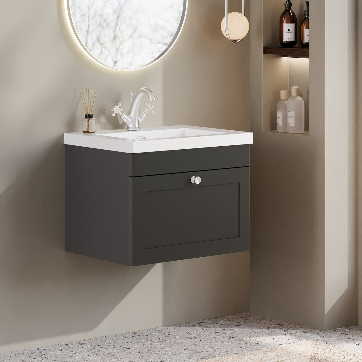 Modern Splash 600mm Soft Black 1 Drawer Wall Hung Vanity Unit With 1 Tap Hole Basin