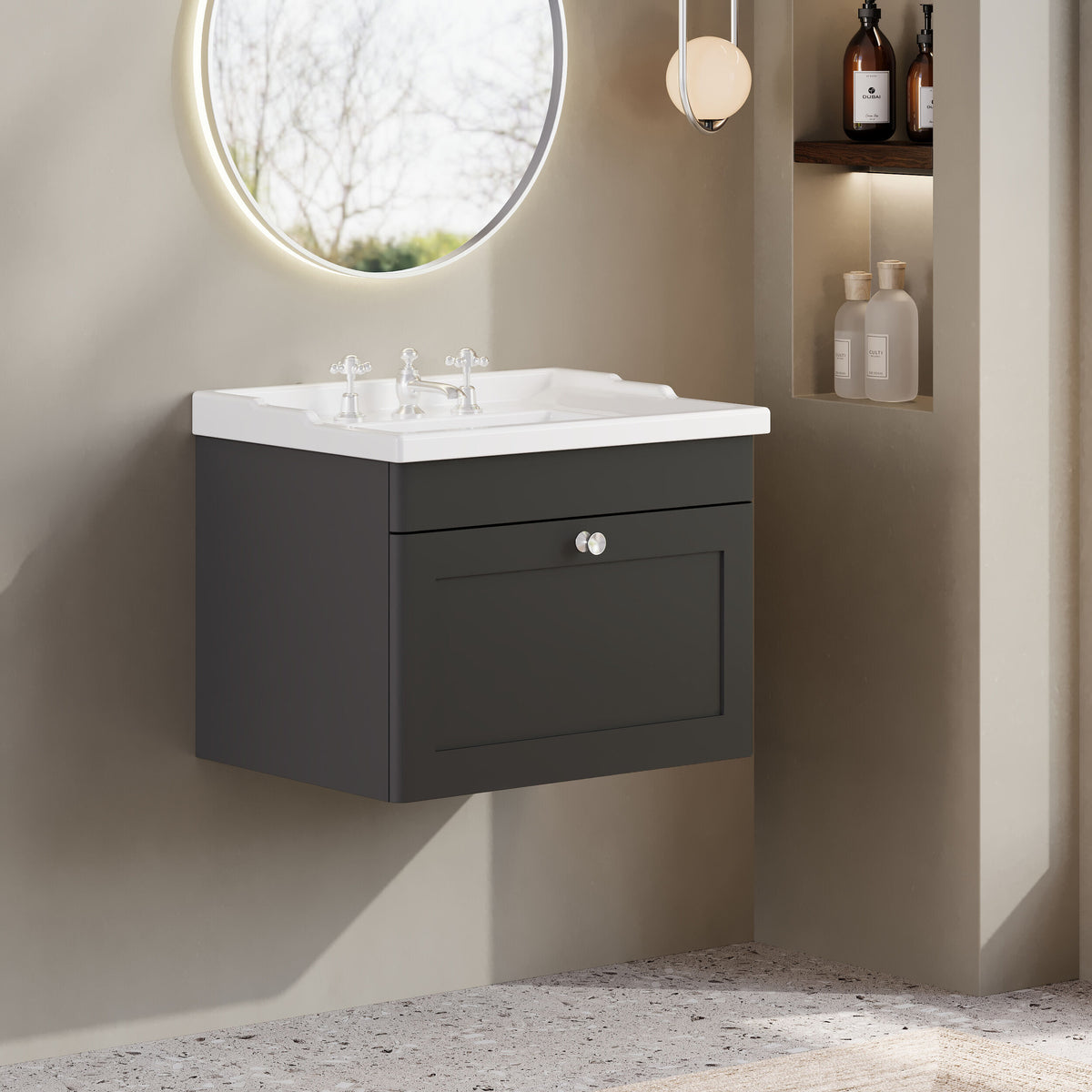 Modern Splash 600mm Soft Black 1 Drawer Wall Hung Vanity Unit With 3 Tap Hole Basin