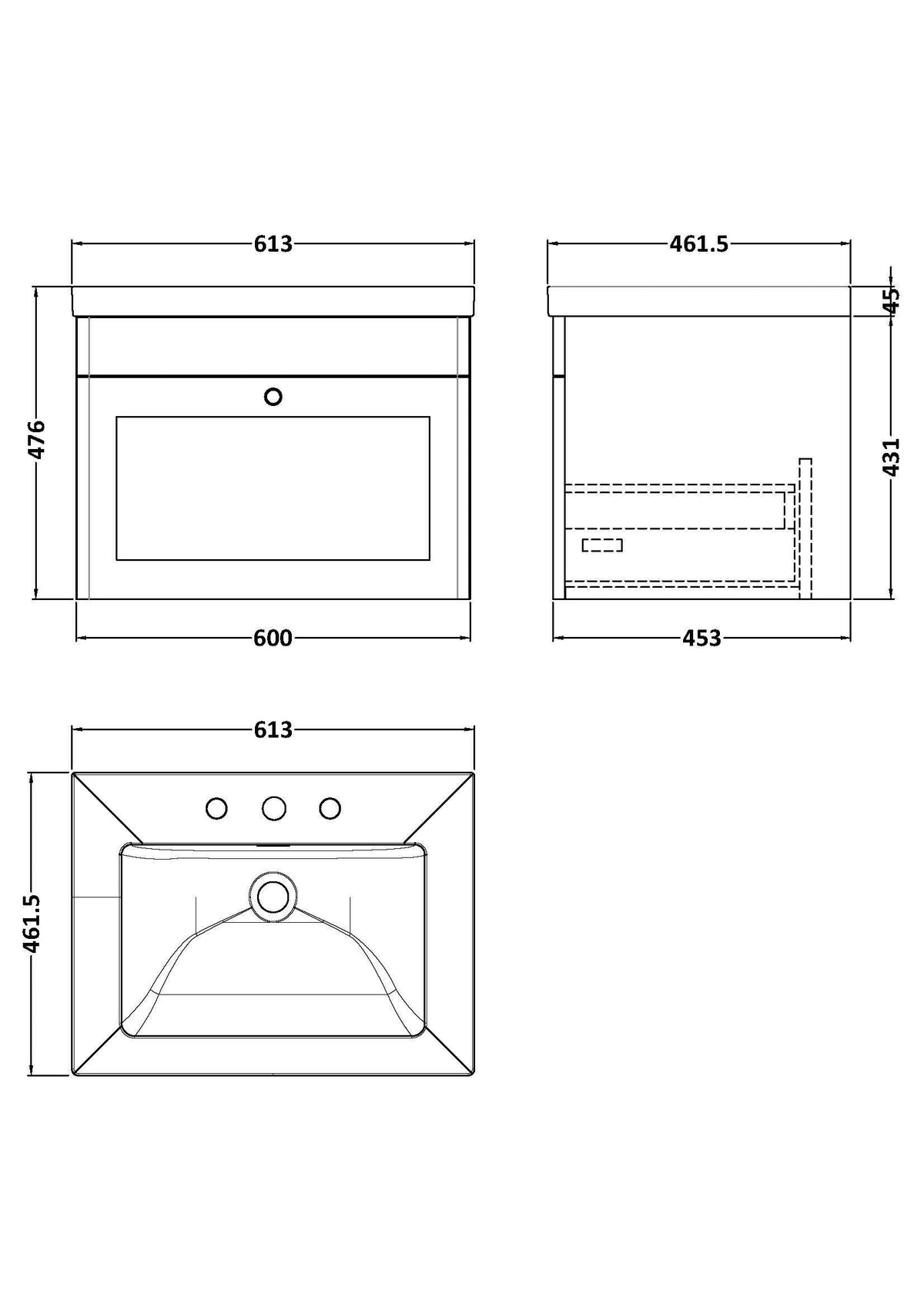 Modern Splash 600mm Soft Black 1 Drawer Wall Hung Vanity Unit With 3 Tap Hole Fireclay Basin